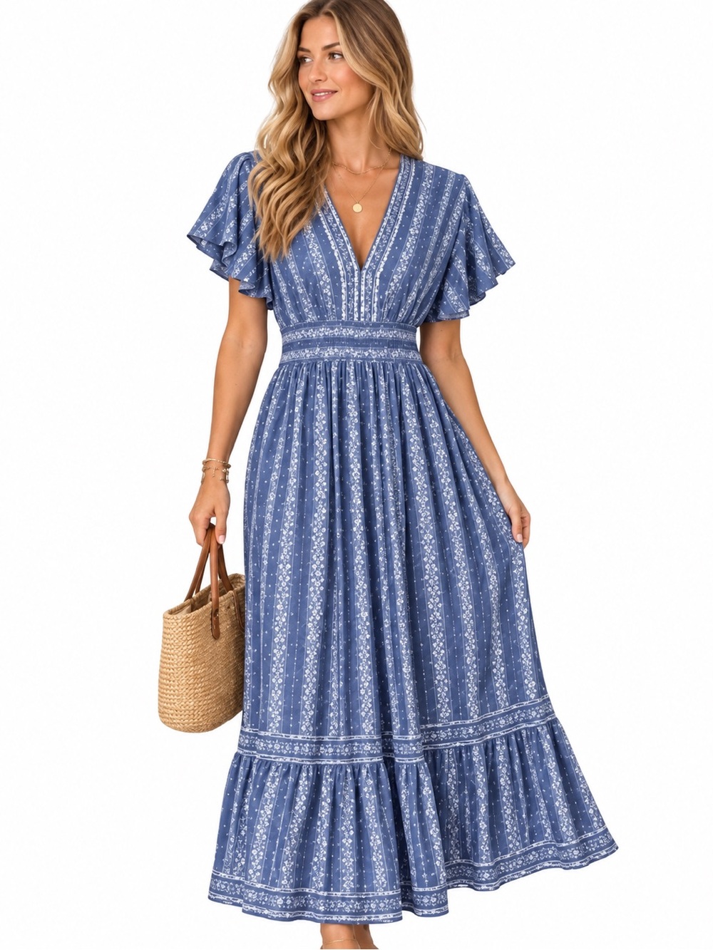 Max Studio Floral V-Neck Maxi with Flutter Sleeves